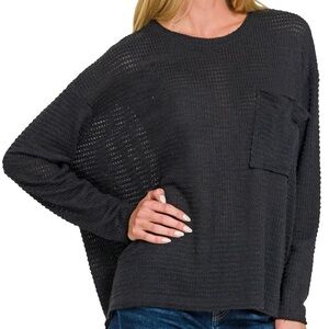 Zenana Oversized Black Waffle Kinit Women’s Top - Size Large/XL